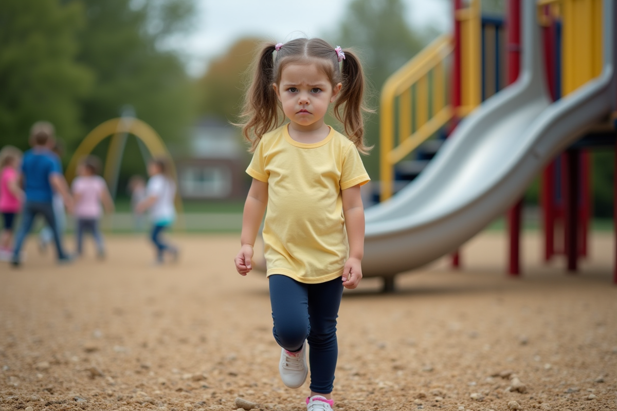 Fille de 5 ans boude près de la glissade de jeu