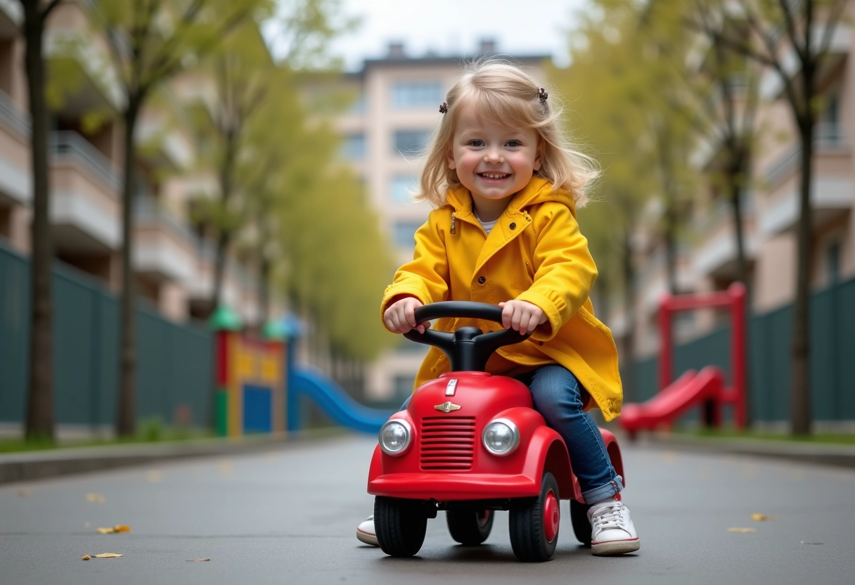 Fille de 6 ans jouant avec camion de pompier en plein air
