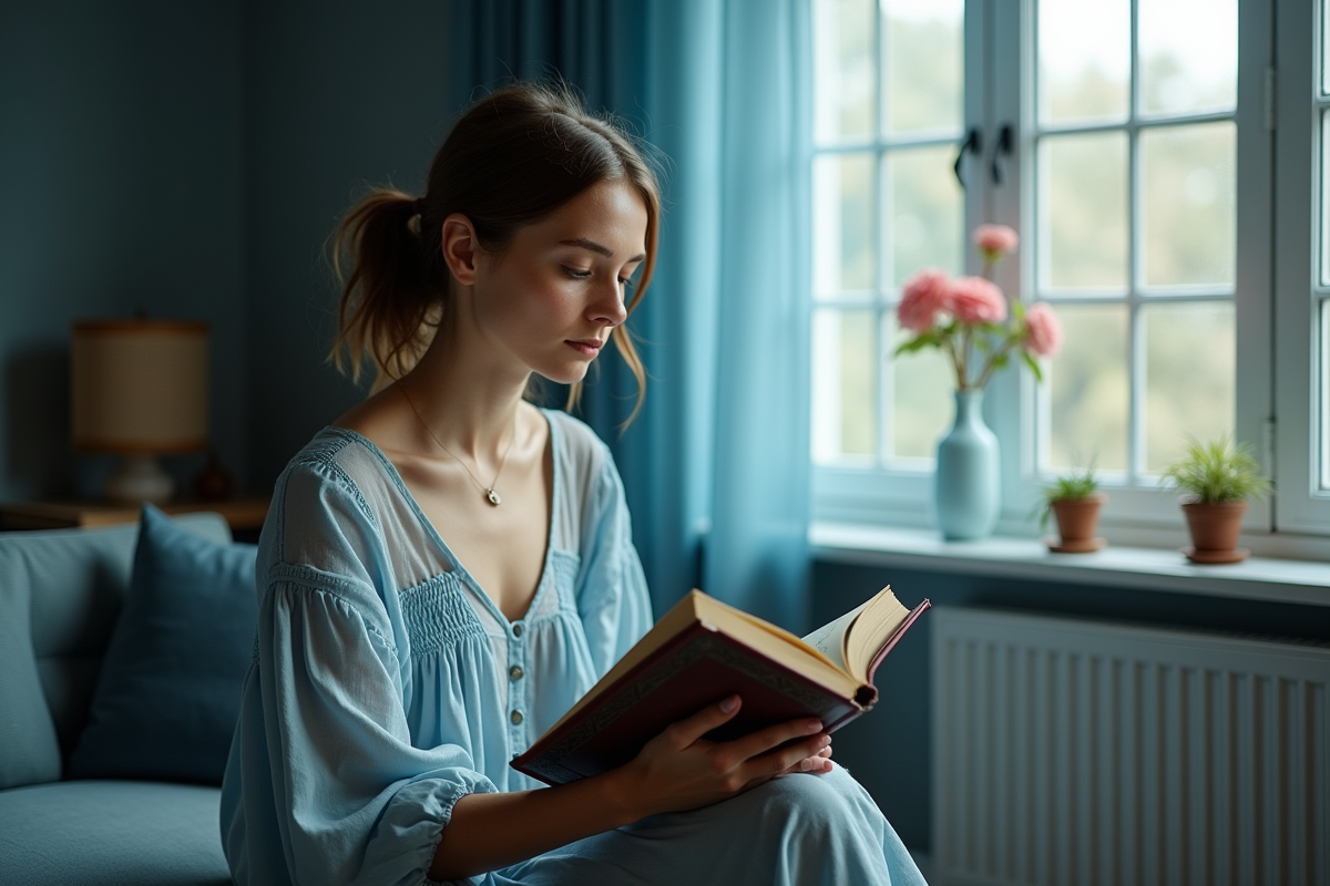 Jeune femme dans un salon lumineux tenant un livre de conte
