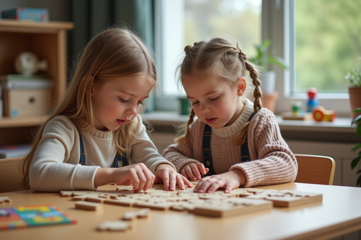 Filles résolvant un puzzle dans une classe lumineuse