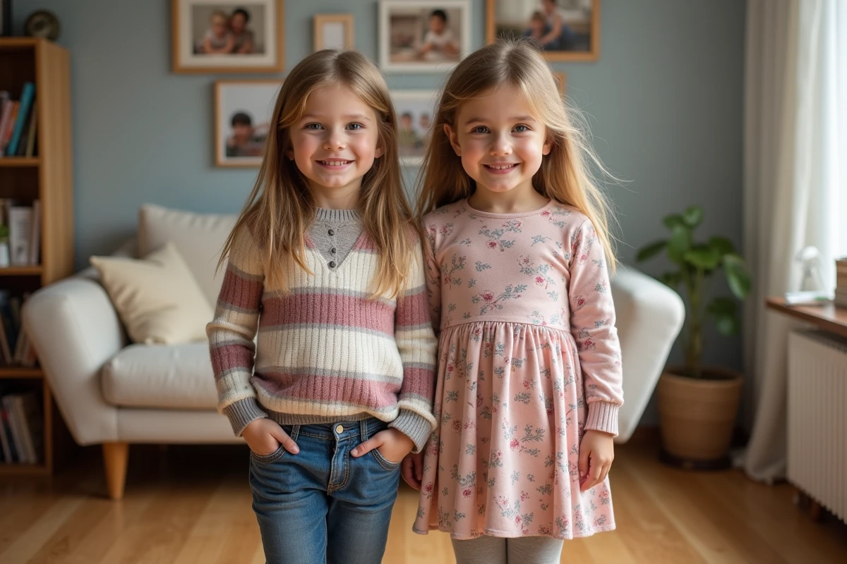 Deux filles de 4 ans dans un salon cosy souriantes