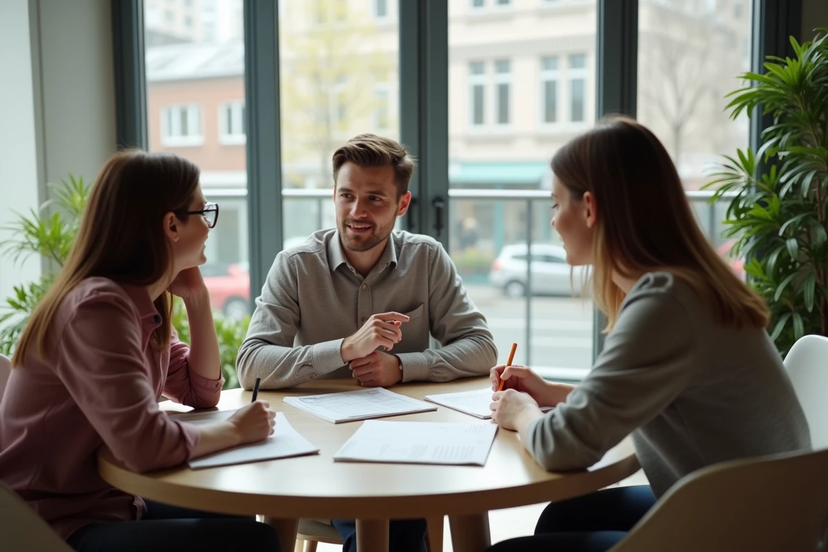Trois frères et sœurs adultes discutant sereinement du partage d'un héritage autour d'une table