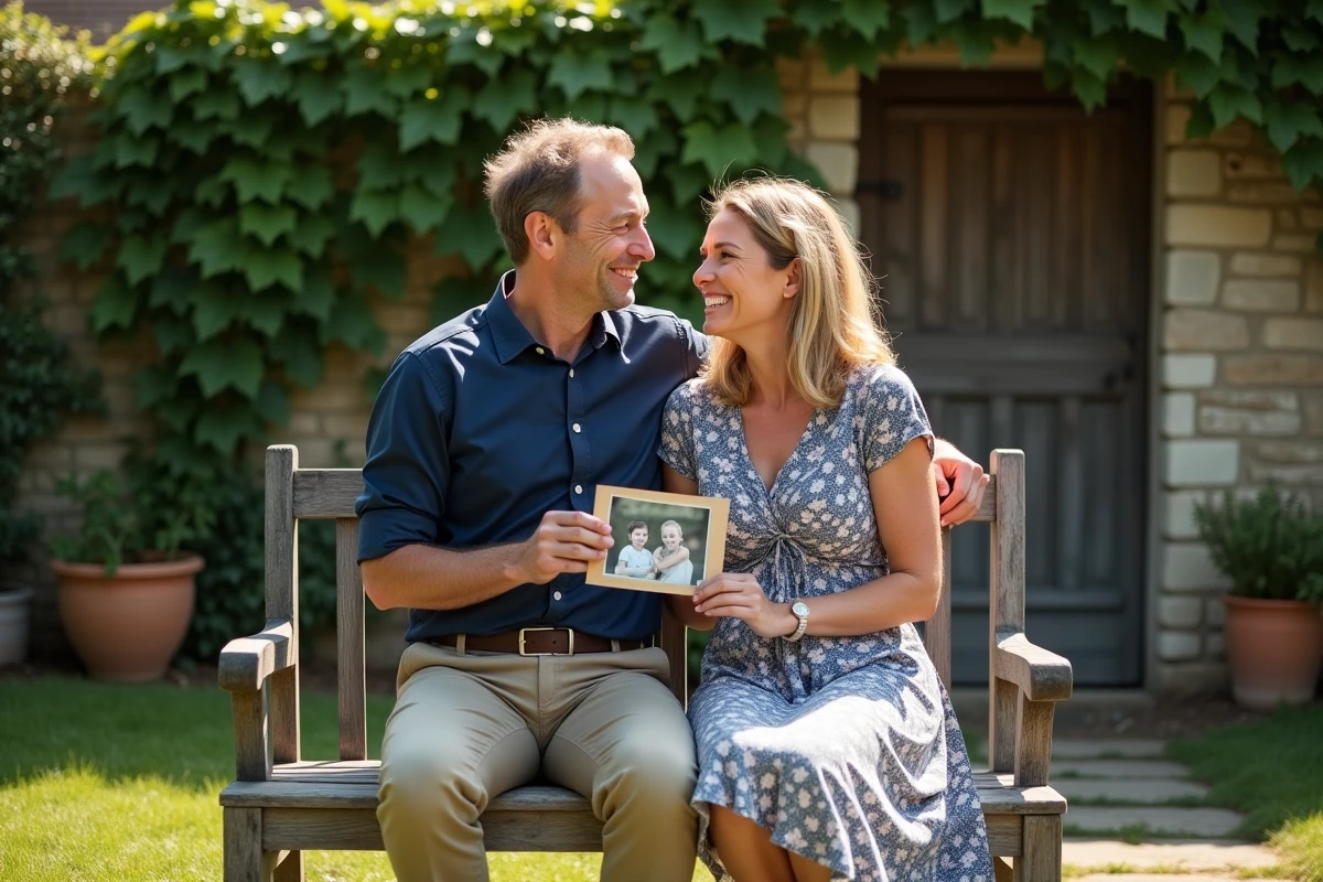 Deux frères et sœurs adultes partageant des souvenirs de famille autour d'une photographie ancienne dans un jardin