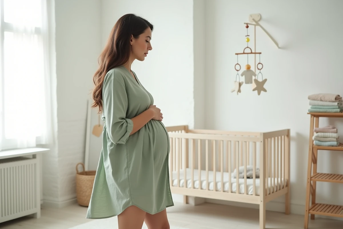 Femme enceinte dans une chambre de bébé en préparation, évoquant le chemin vers la maternité inspiré par l'histoire de Katrina Patchett
