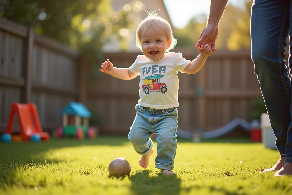 Bébé garçon de 13 mois jouant dans le jardin avec ses parents