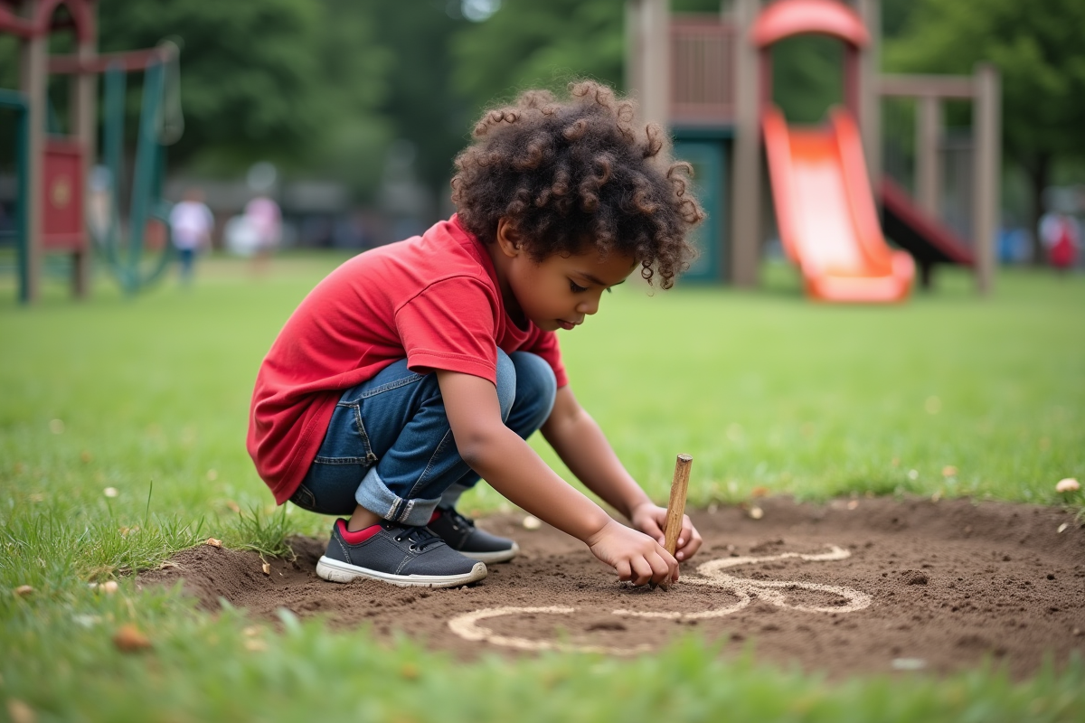 Garçon de six ans dessinant dans la terre du parc