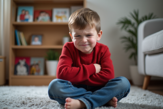 Garçon de 7 ans frustré assis dans le salon familial