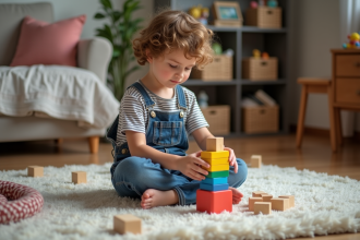 Jeune garçon construit une tour de blocs colorés dans un salon cosy