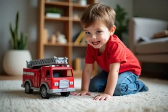 Garçon de 4 ans avec camion de pompier jouet