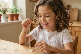 Petite fille tenant une gourmette dorée gravée avec un prénom dans une cuisine chaleureuse