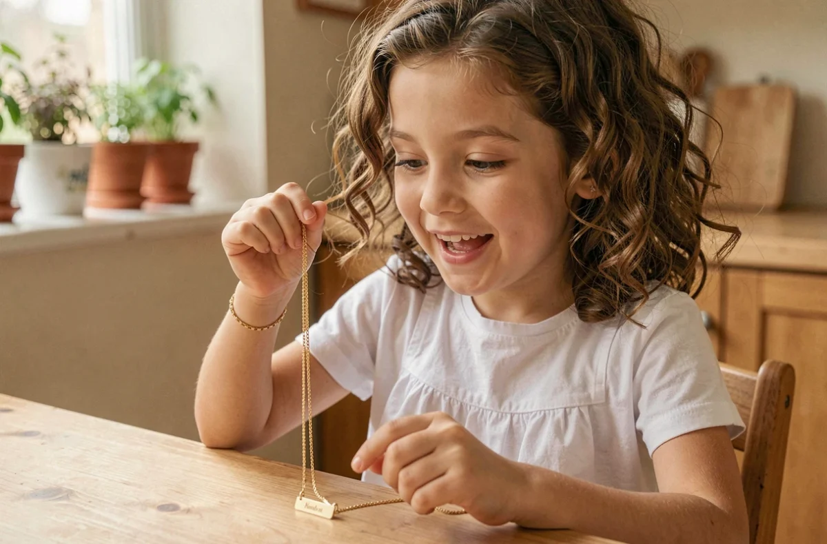 Petite fille tenant une gourmette dorée gravée avec un prénom dans une cuisine chaleureuse