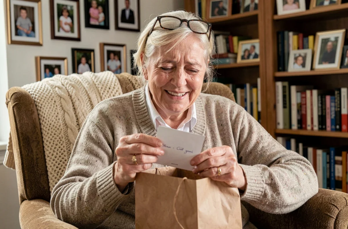 Grand-mère émue découvrant la carte d'annonce de grossesse extraite d'un sac cadeau kraft, assise dans un fauteuil entouré de photos de famille