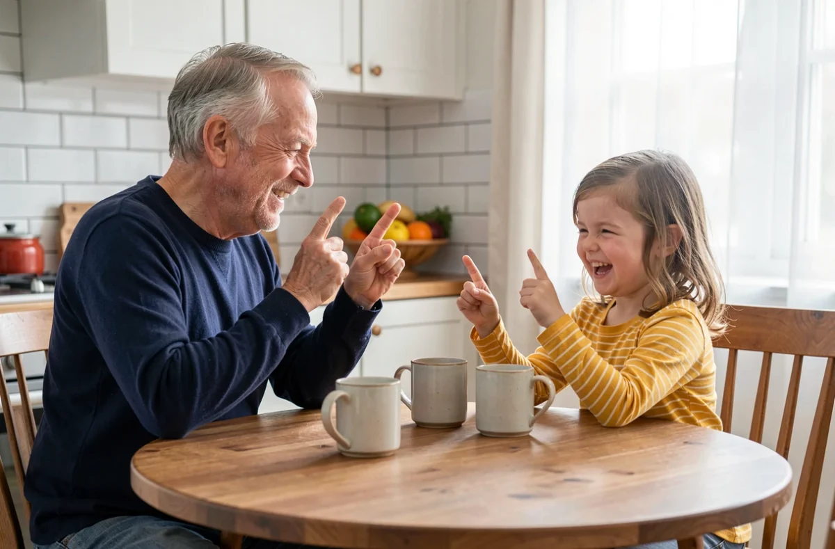 Grand-père et petite-fille faisant des jeux de mains autour de la chanson du Petit Escargot à la table de cuisine
