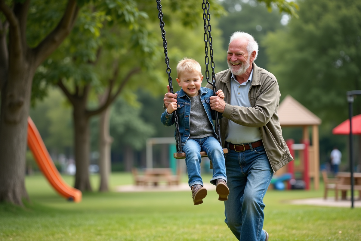 Grand-pere pousse son petit-fils en balançoire dans un parc