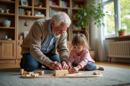Grand-pere et petite fille jouent avec un train en bois