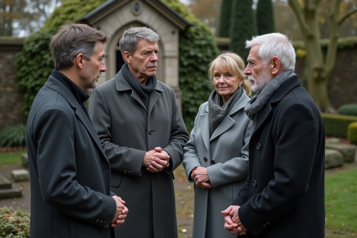 Groupe d'adultes en tenues sobres réunis devant une chapelle en pierre, s'offrant du réconfort lors d'une cérémonie funèbre