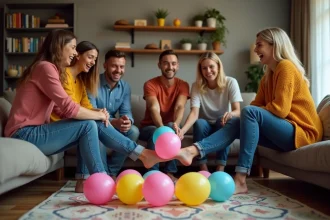 Groupe d'amis jouant à un jeu amusant dans un salon convivial
