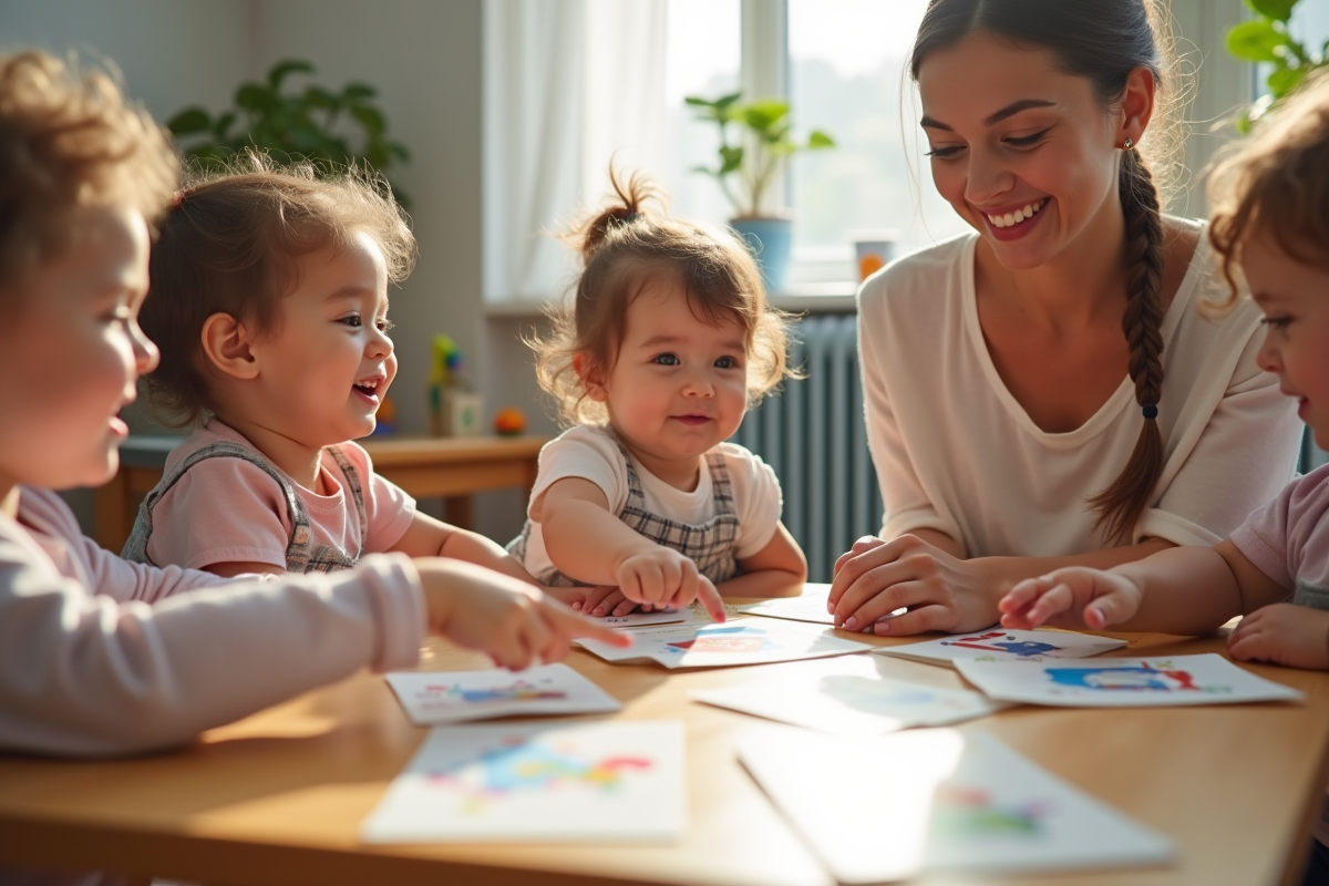 Enfants divers jouant avec des flashcards en crèche
