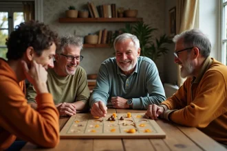 Groupe d'adultes jouant au Nain Jaune dans un salon chaleureux
