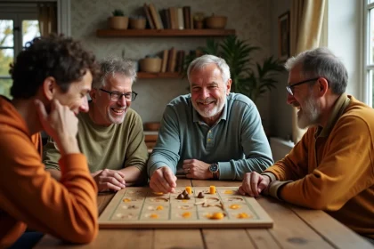 Groupe d'adultes jouant au Nain Jaune dans un salon chaleureux
