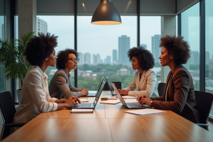 Groupe divers de quatre adultes en réunion de travail