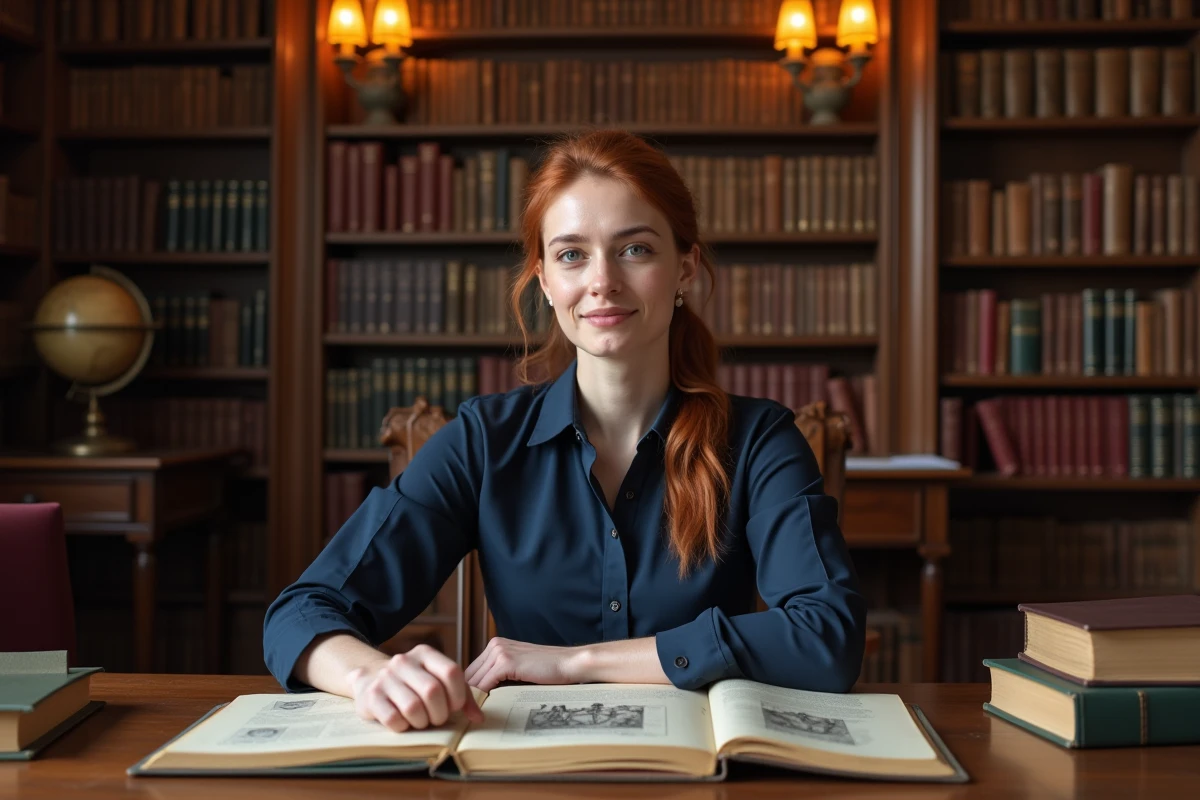 Femme étudiant l'étymologie et l'histoire du prénom Julia dans une bibliothèque universitaire
