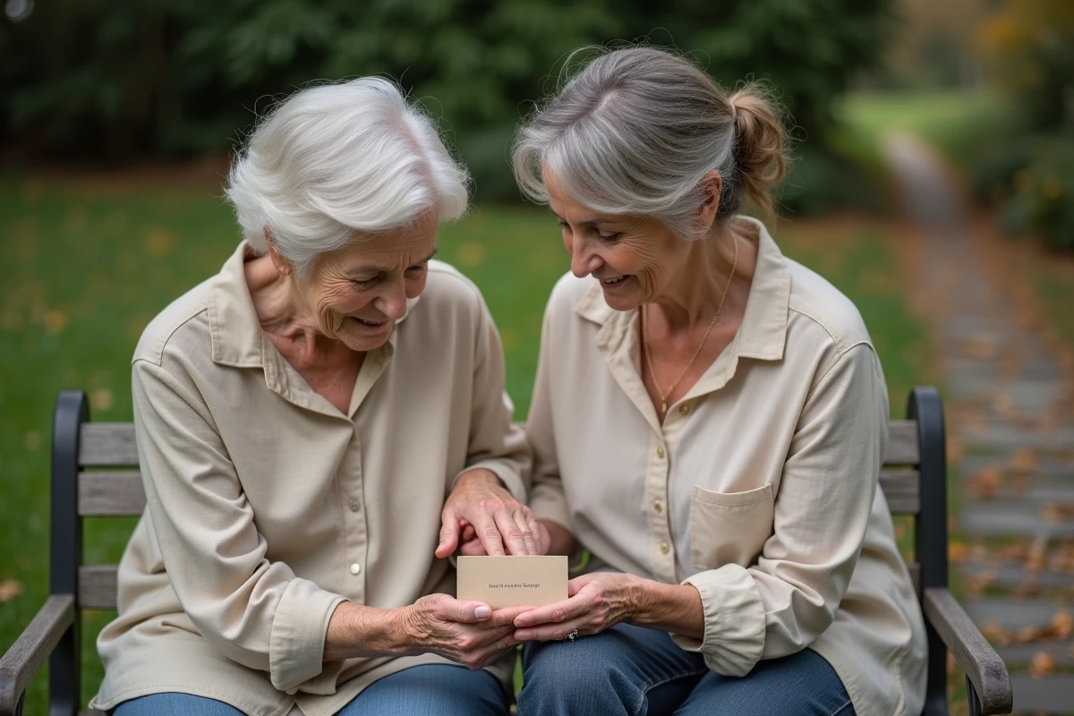 Deux femmes tenant une carte hommage dans un jardin d'automne en souvenir d'une tante disparue