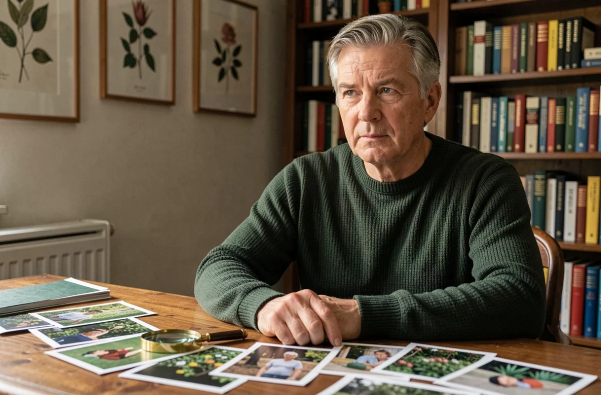 Homme examinant des photographies imprimées sur un bureau en bois, symbolisant l'intérêt du public pour le compagnon de Stéphane Marie