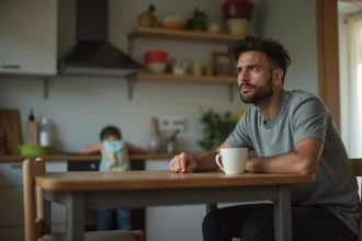 Homme pensif attablé dans une cuisine familiale après l'arrivée d'un bébé, illustrant la crise du couple et l'infidélité masculine