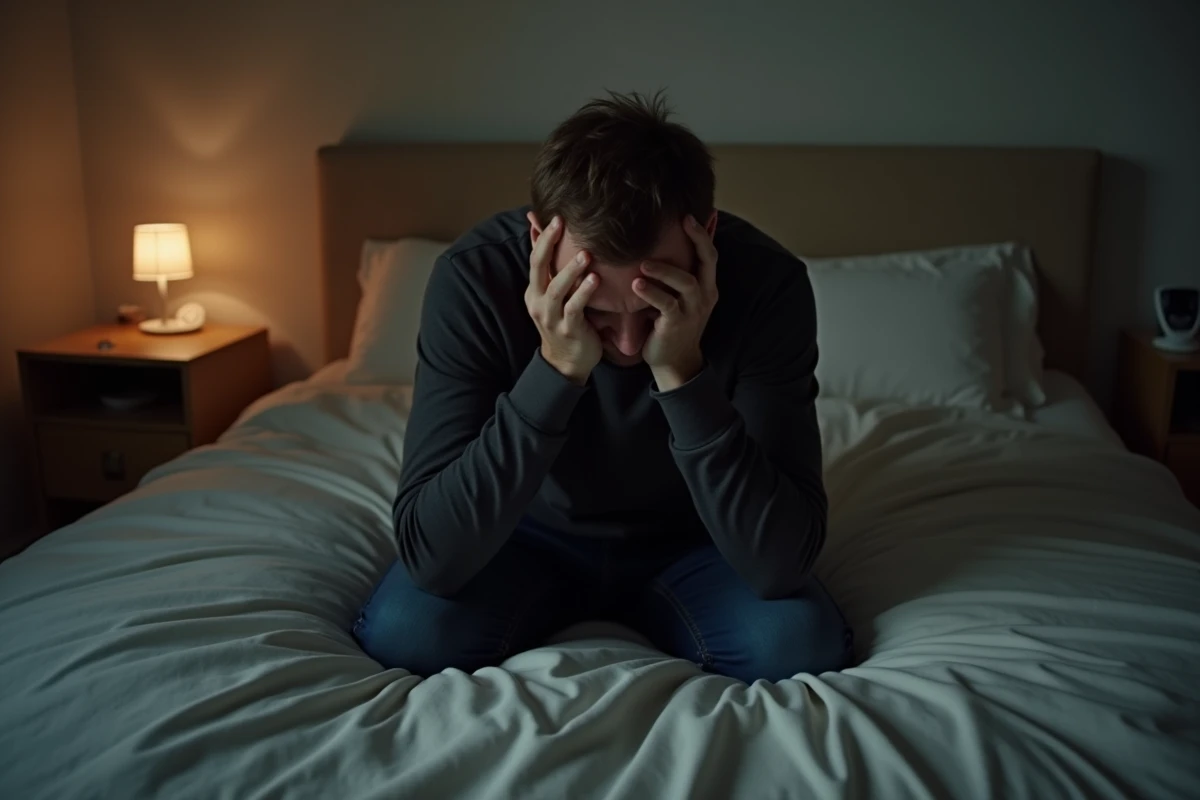 Homme épuisé assis sur le bord du lit avec un babyphone sur la table de nuit, représentant la culpabilité et la crise intérieure liée à l'infidélité après la naissance
