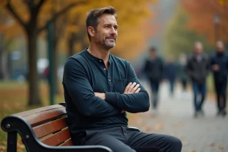 Homme seul sur un banc de parc en automne, bras croisés, regard fuyant, illustrant le comportement évitant en amour