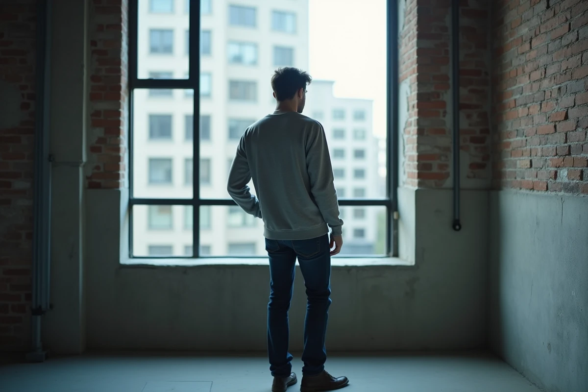 Homme de dos près d'une fenêtre industrielle, posture fermée et regard vers l'extérieur, symbolisant l'isolement émotionnel dans une relation
