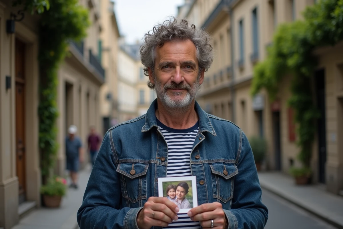Homme français avec photo de famille dans une rue parisienne