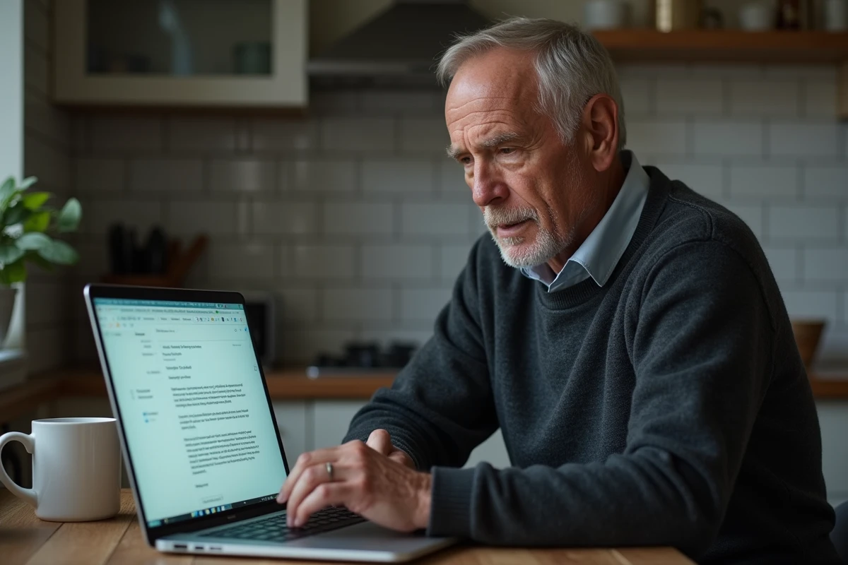 Homme âgé rédigeant un message de condoléances par email sur son ordinateur portable dans une cuisine calme