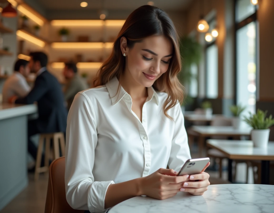 Femme influenceuse au café consultant son téléphone, représentant l'impact des personnalités liées au monde de la Formule 1 sur les réseaux sociaux