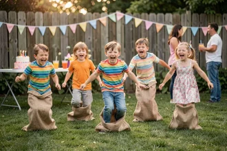 Enfants jouant à la course en sac lors d'un anniversaire en plein air dans un jardin décoré de guirlandes colorées