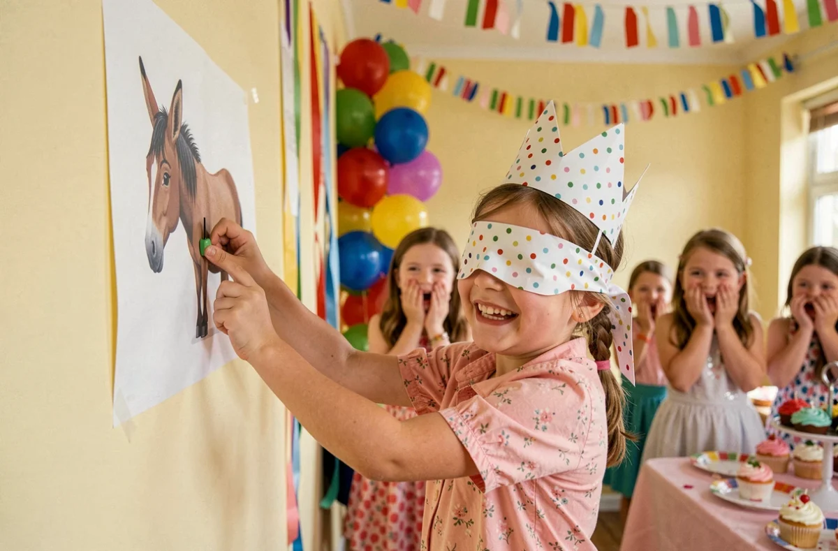 Fillette avec un bandeau sur les yeux jouant à épingler la queue de l'âne lors d'un anniversaire en intérieur