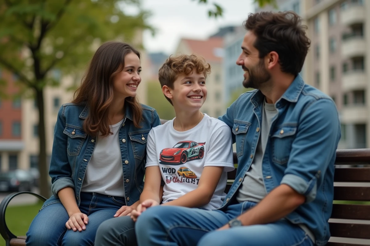 Adolescent avec ses parents dans un parc urbain en été