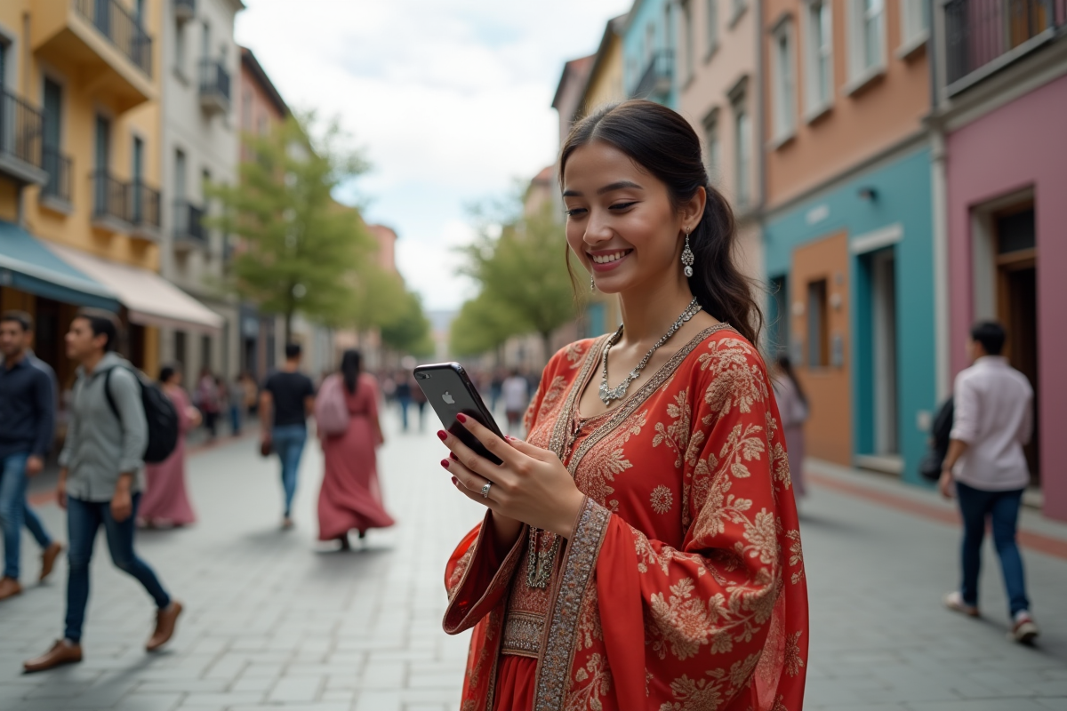 Jeune femme en vêtements traditionnels dans une place urbaine