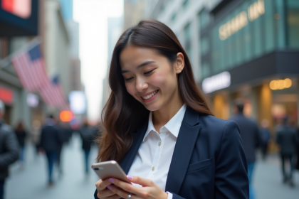 Jeune femme en blazer bleu souriante avec smartphone en ville