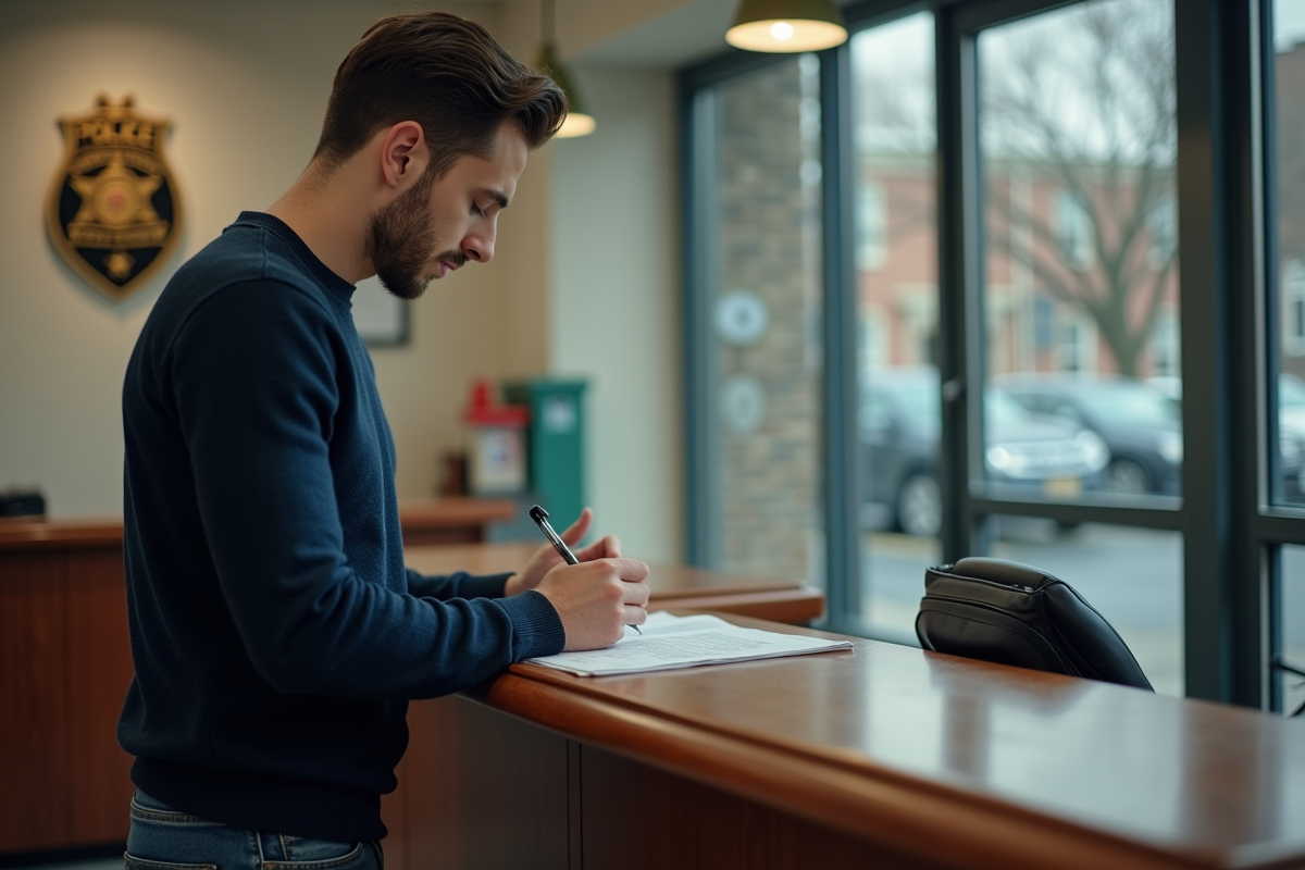 Jeune homme remplissant un formulaire de vol au commissariat