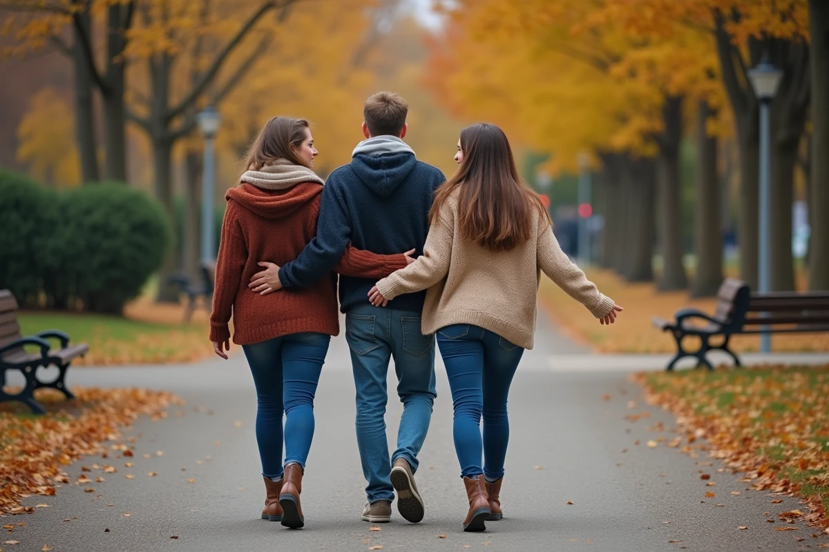 Trois jeunes adultes marchant dans un parc automnal