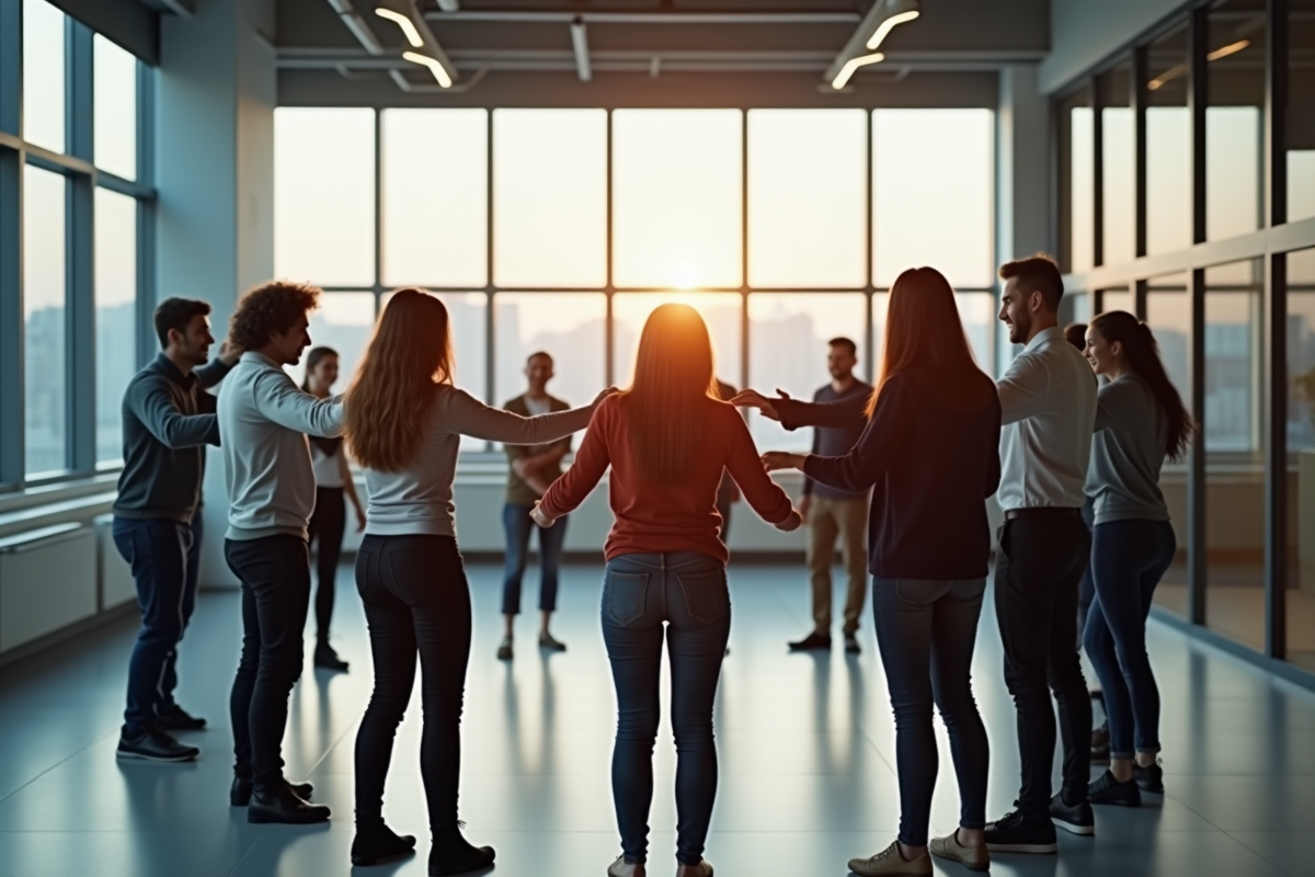 Jeunes professionnels participant à un jeu en équipe dans un bureau