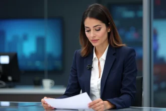 Journaliste de télévision professionnelle assise à un bureau de studio moderne, consultant ses notes avant un direct, illustrant l'image médiatique d'une présentatrice reconnue