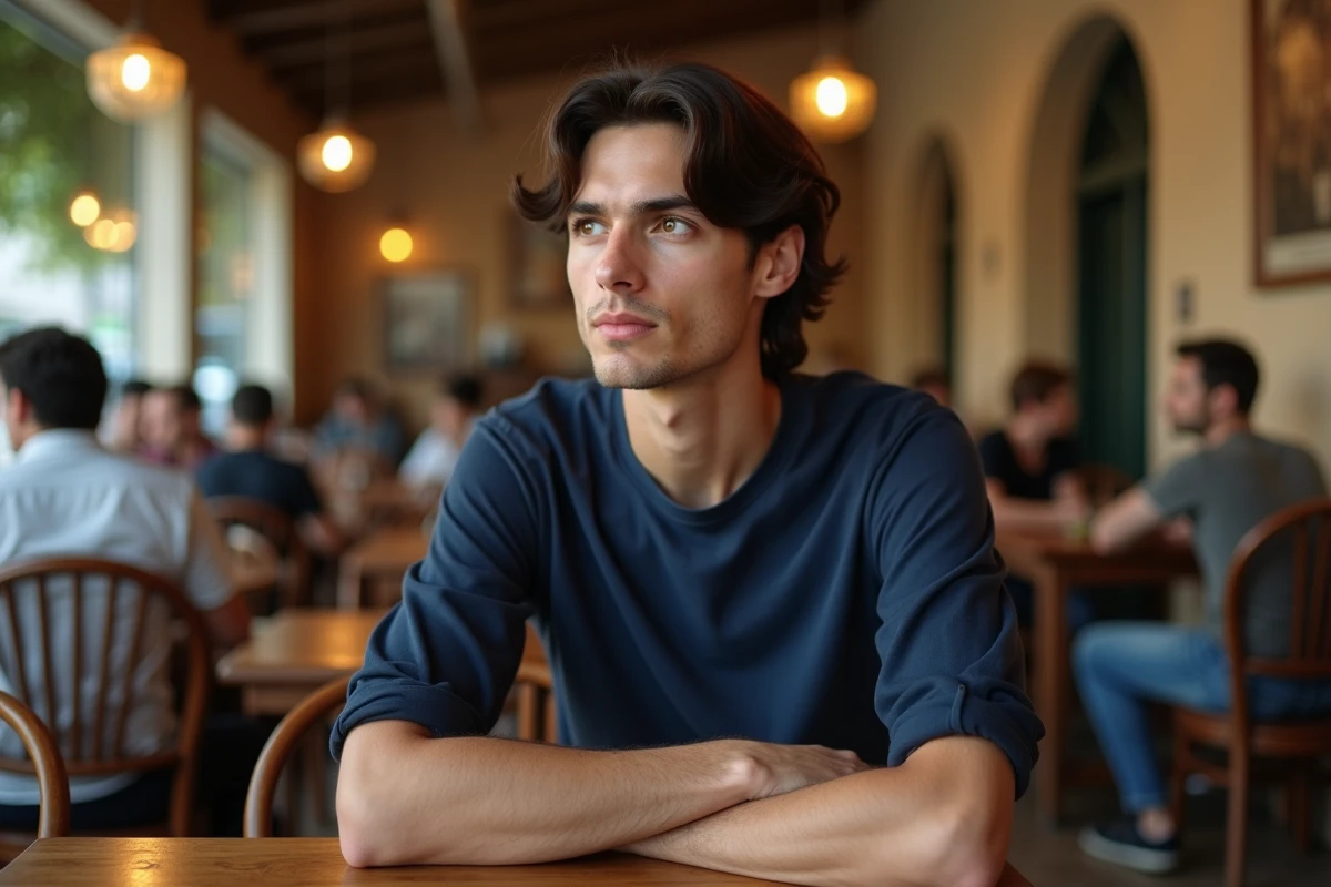 Portrait d'un jeune homme d'origine latine dans un café parisien, regard pensif évoquant une réflexion sur ses origines familiales
