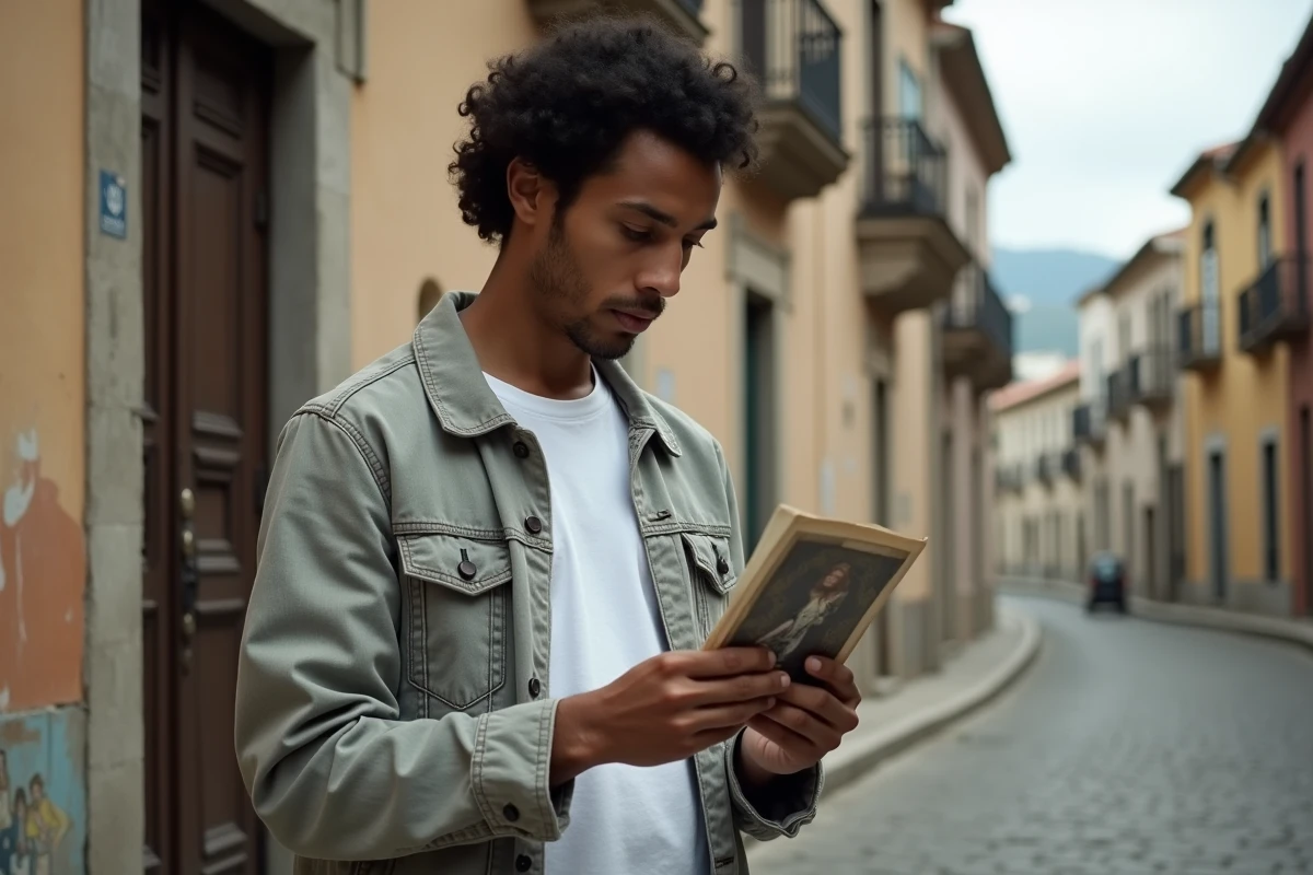 Jeune homme latino tenant une vieille photographie de famille dans une rue aux façades historiques, évoquant la quête de ses origines et son histoire parentale