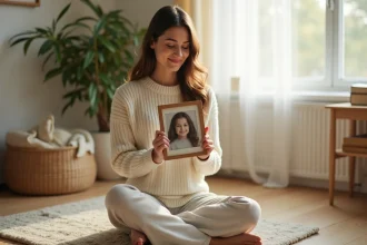Jeune femme tenant une photo d'enfance dans un salon cosy, illustrant le parcours d'enfance de Katrina Patchett