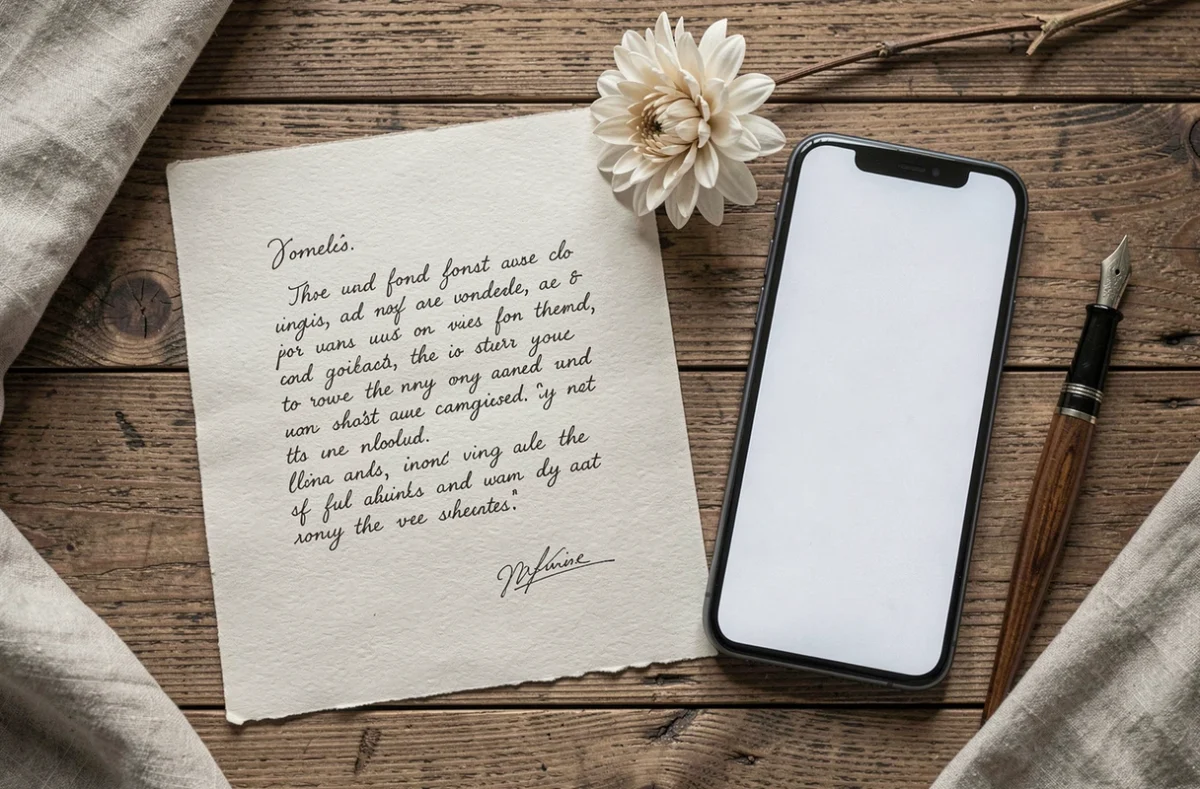 Comparaison entre lettre de condoléances manuscrite et SMS sur smartphone posés sur une table en bois