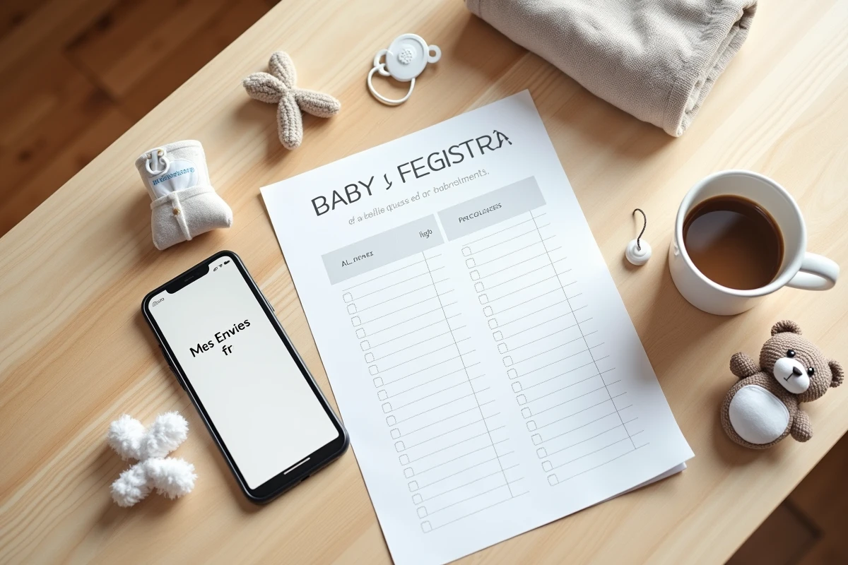 Vue aérienne d'une liste de naissance imprimée avec smartphone et articles bébé sur une table en bois