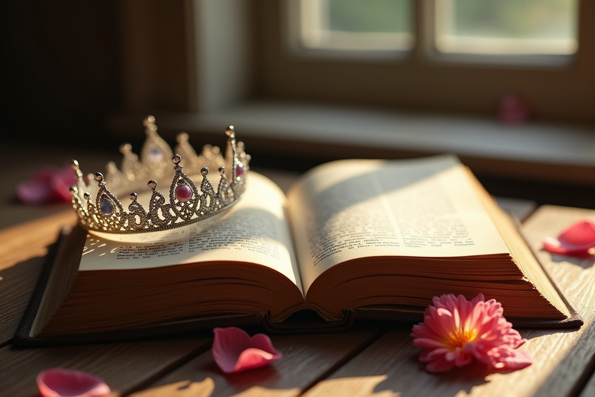 Livre ancien ouvert avec tiare en argent et pétales autour